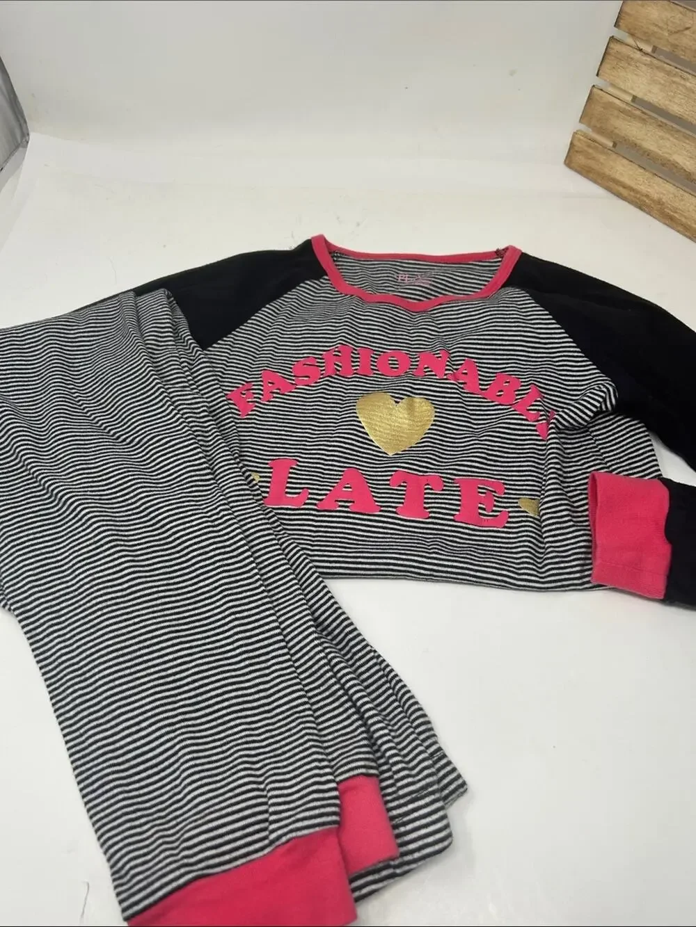 Place Girls Black & Pink Striped Pajama Set with Gold Heart Size 12